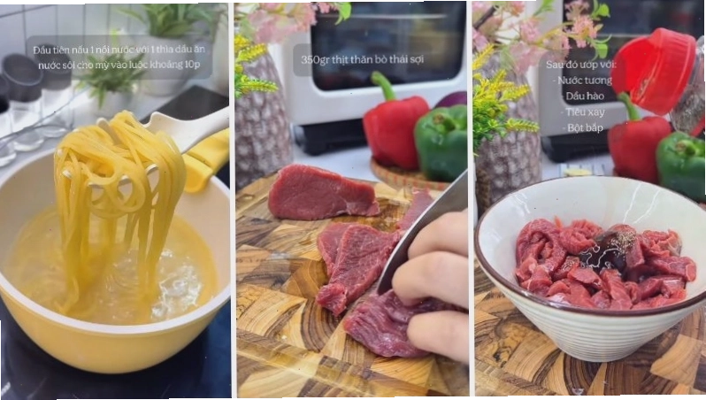 Công đoạn sơ chế thịt bò và hành tây trước khi nấu sốt
