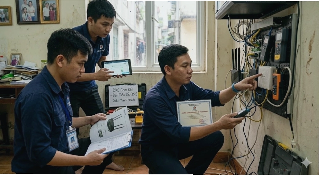 Kỹ thuật viên chuyên nghiệp đang kiểm tra đường dây mạng wifi