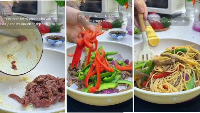 Quá trình nấu nước sốt bò bằm trên chảo nóng