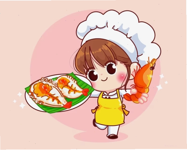 Cute chef girl smiling in uniform holding grilled prawns