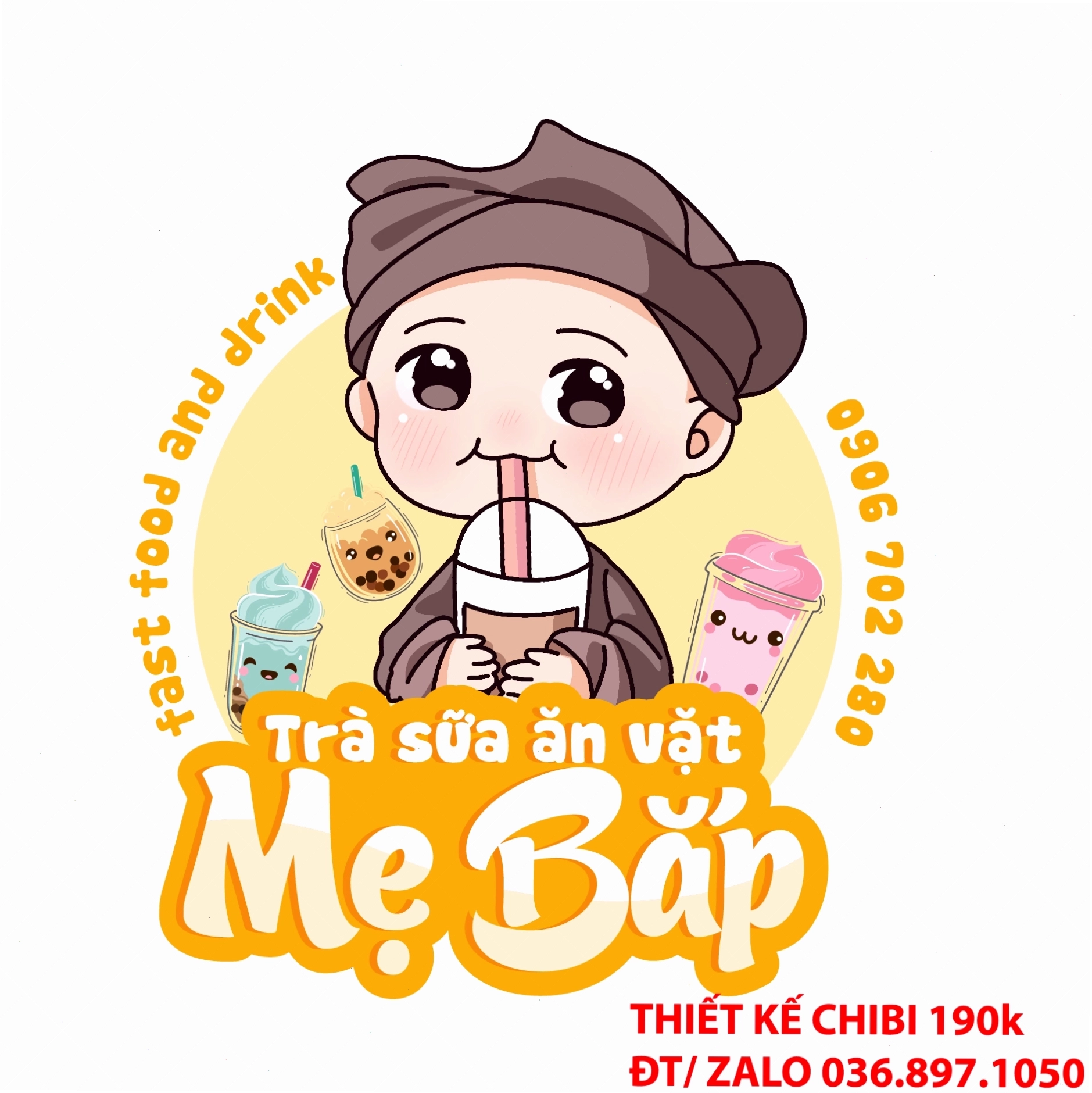 Logo chibi bé trai đội mũ nâu phong cách barista