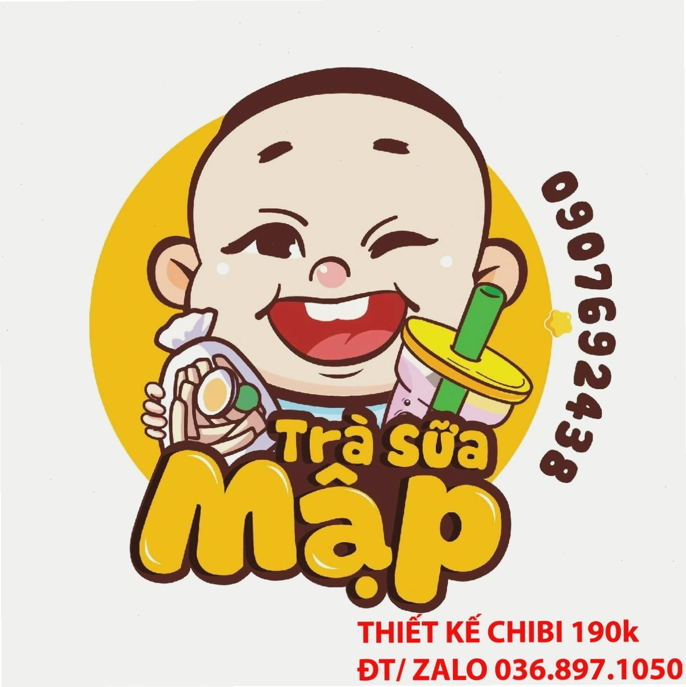 Logo chibi bé trai ôm bánh ngọt và trà
