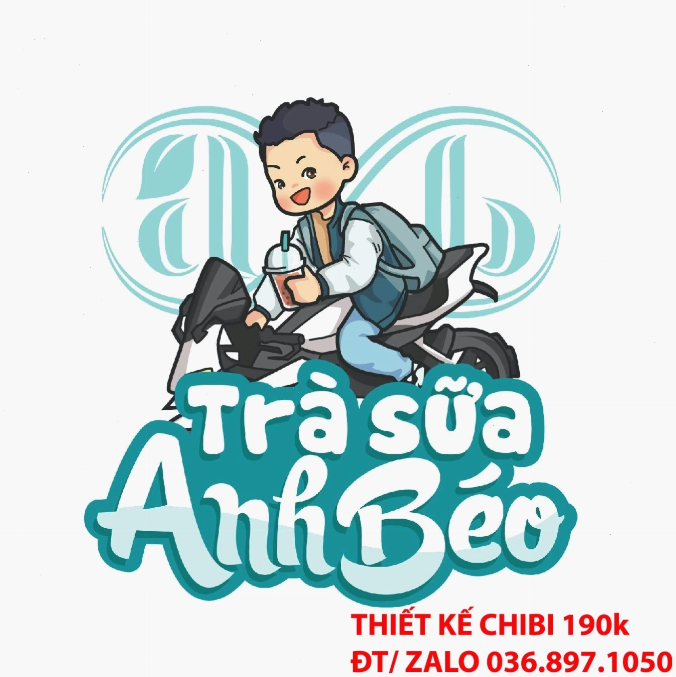 Logo chibi cậu bé chạy mô tô giao trà sữa