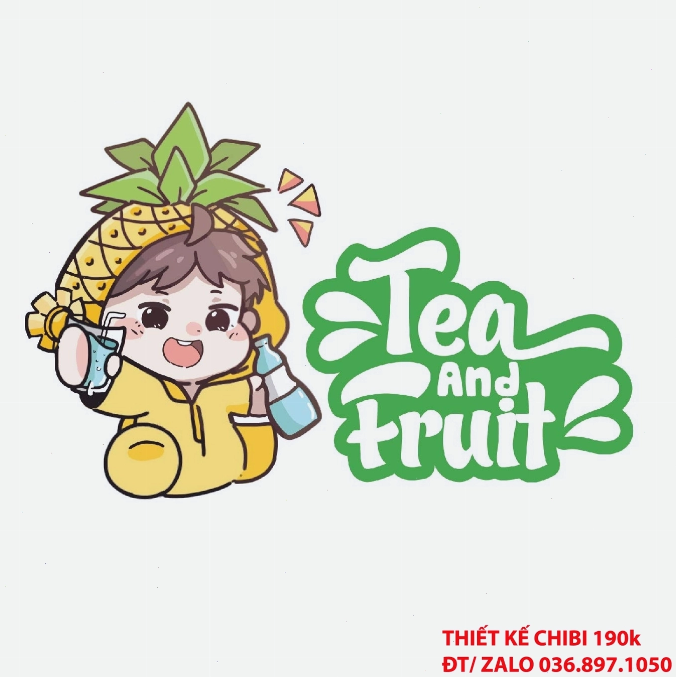 Logo chibi chú heo cầm trà sữa vui nhộn