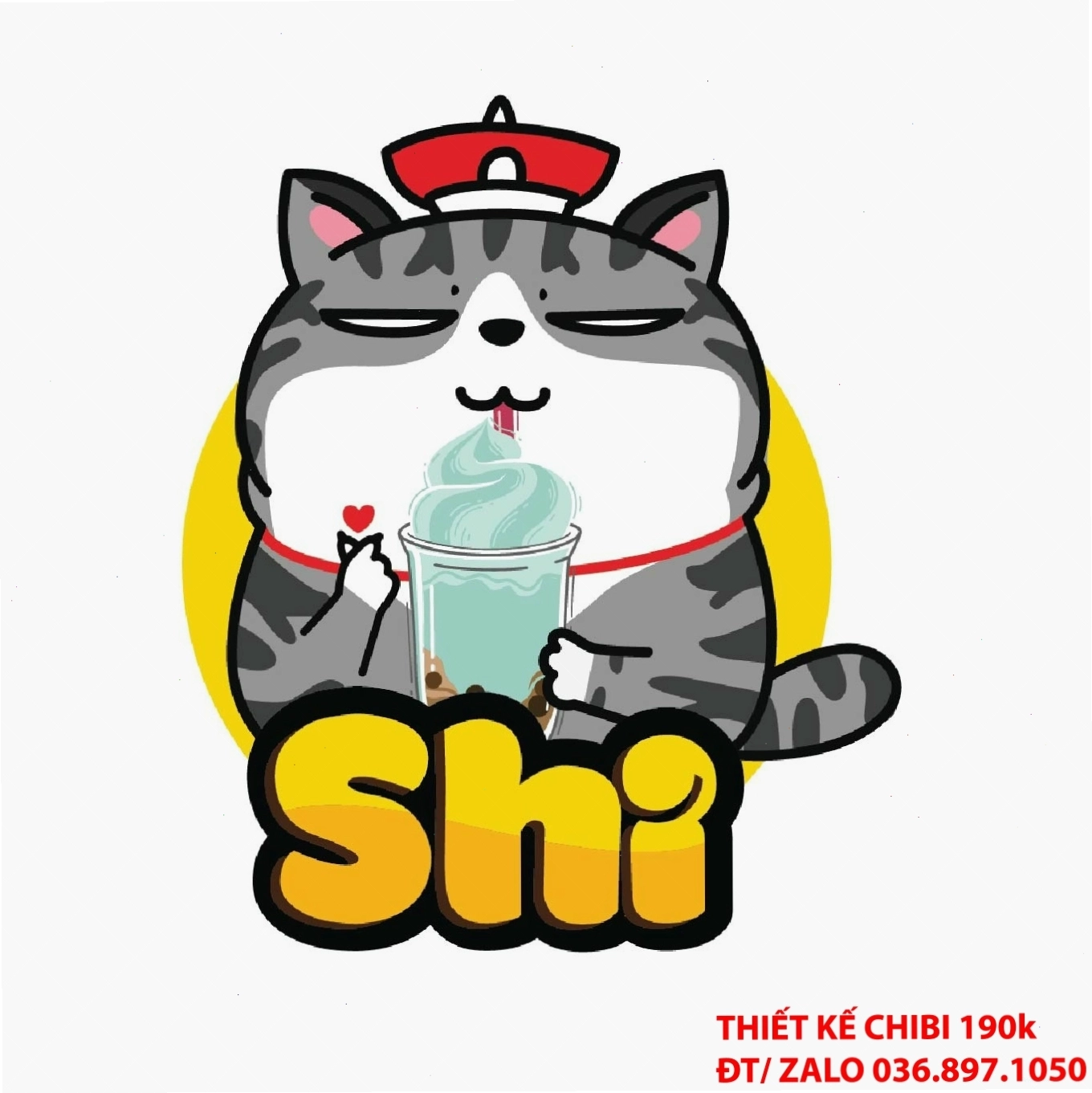 Logo chibi chú mèo uống trà sữa ngộ nghĩnh