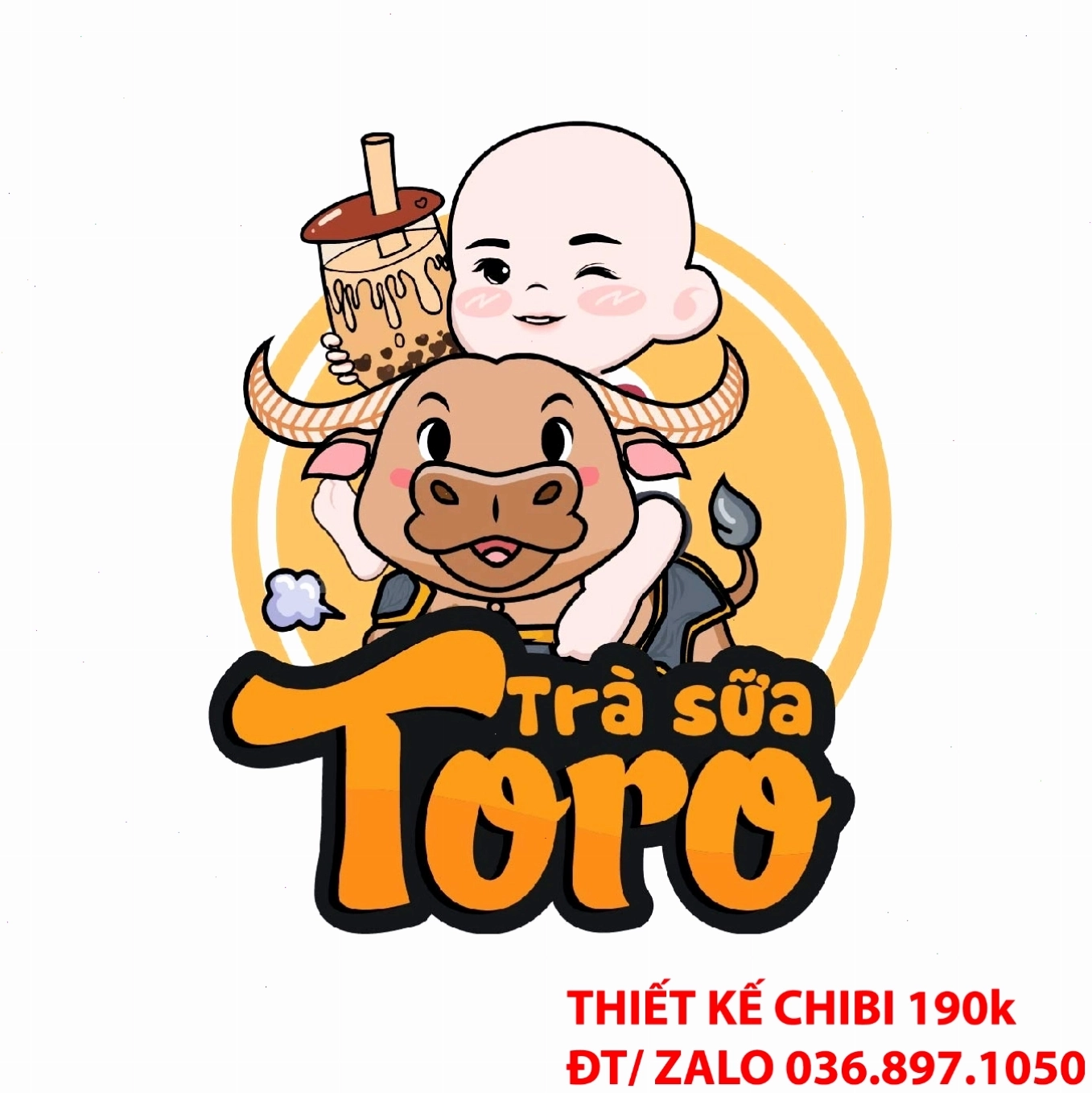 Mẫu chibi bé trai cưỡi trâu uống trà