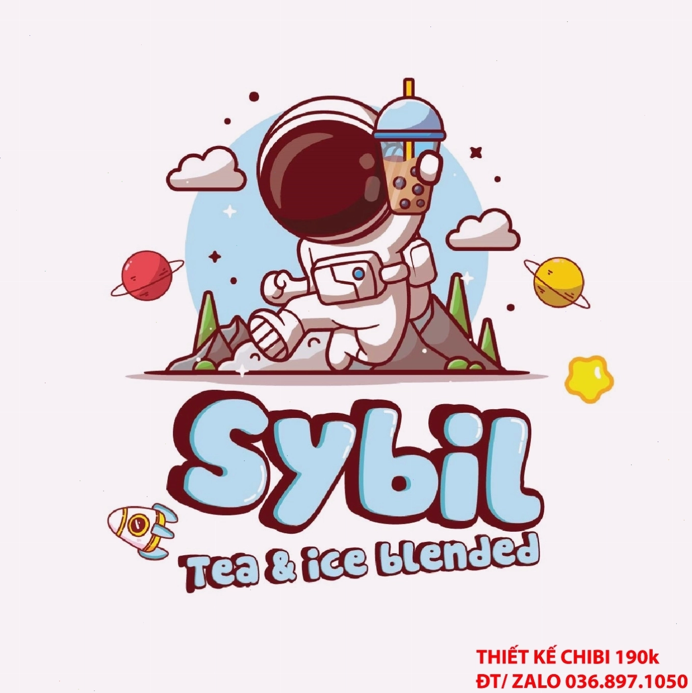 Nhân vật chibi phi hành gia nữ cầm ly đồ uống độc lạ