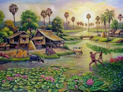 Ảnh vẽ tranh phong cảnh miền quê yên bình thanh thản